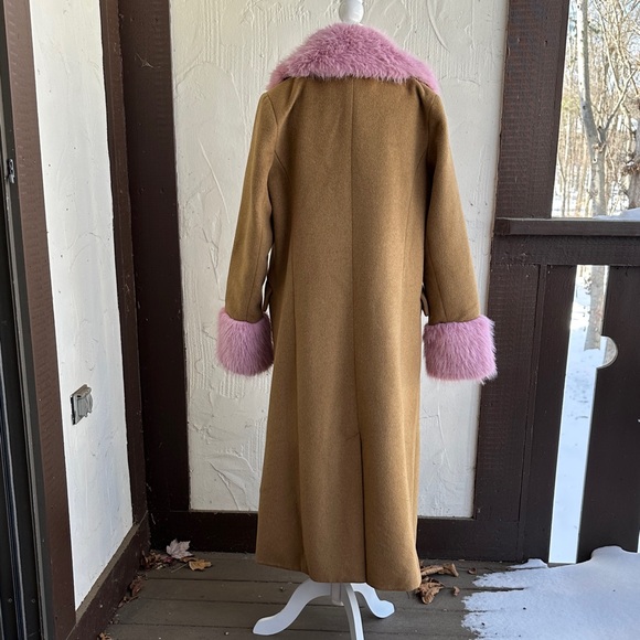 Anthropologie Maeve Brown Coat with Pink Faux Fur Trim - Picture 2 of 4
